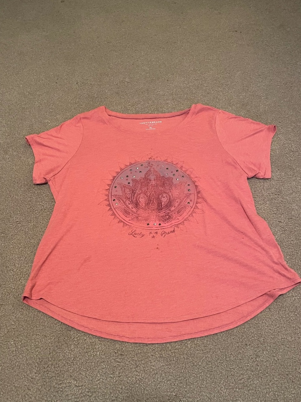 Lucky Brand Dusty Coral Scoop Neck Tee with Studded Mandala Size XL